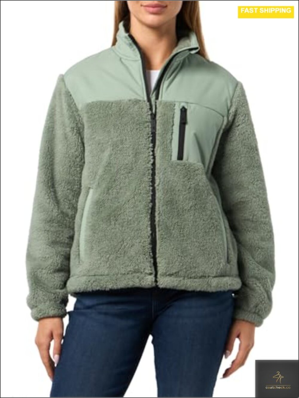 Women's Recycled Sherpa Fleece Zip Up Jacket Oversized Mock Neck with